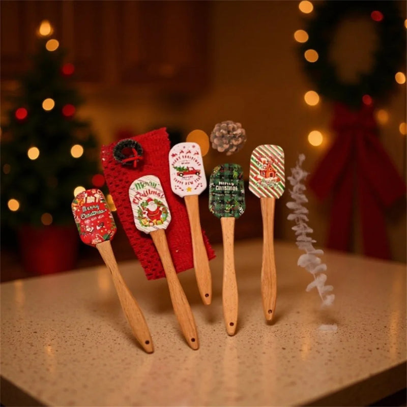 Espátula de silicone com cabo de madeira natalino.