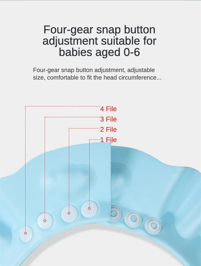 Touca de banho macia e ajustável para bebês, ideal para lavar o cabelo e proteger as orelhas das crianças.