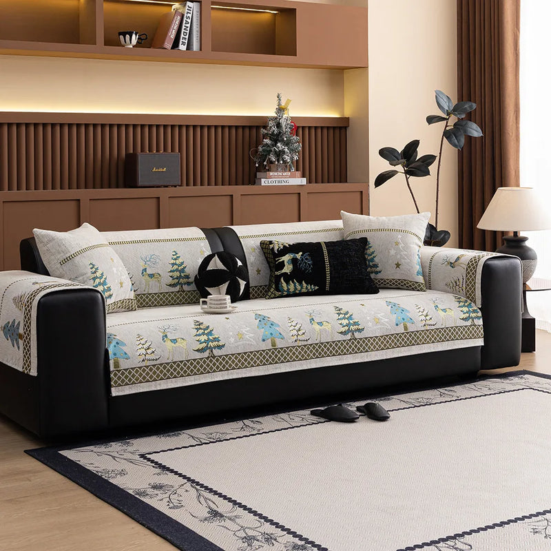 Capa para sofá natalino estilo chinês, com bordado geométrico