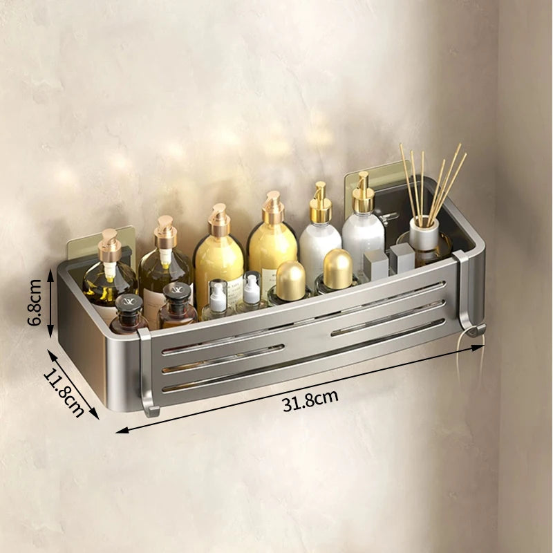 Prateleira de banheiro sem furos, com suporte para shampoo e maquiagem, organizador de cozinha e banheiro