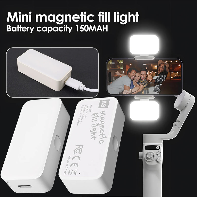 Mini luz de preenchimento magnética portátil para selfies, LED ajustável, para vídeos e transmissões ao vivo, ideal para iPad, celular e laptop.