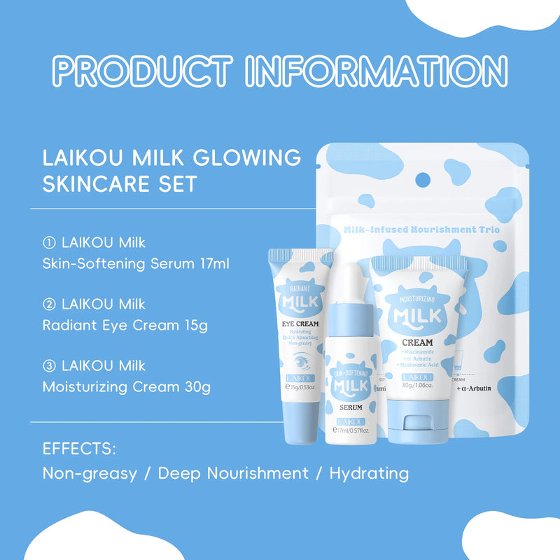 Kit Trio LAIKOU Milk: Nutrição Profunda, Sérum Hidratante, Clareador de manchas