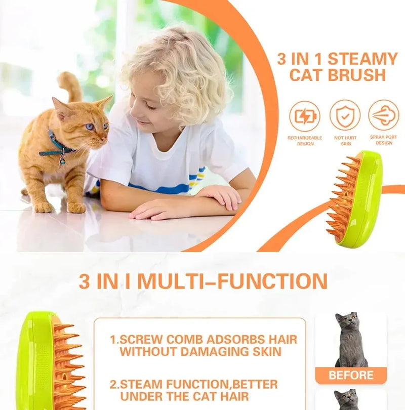 Escova a vapor para cães e gatos, com pulverizador elétrico para massagem, ideal para cuidados com animais de estimação, remoção de pelos soltos e muito mais. 3 em 1