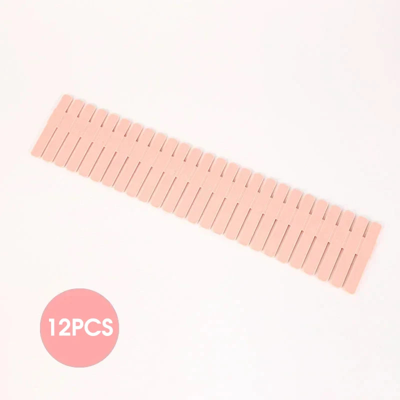 Divisórias de gaveta ajustáveis (4/8/12 peças) para armazenamento.