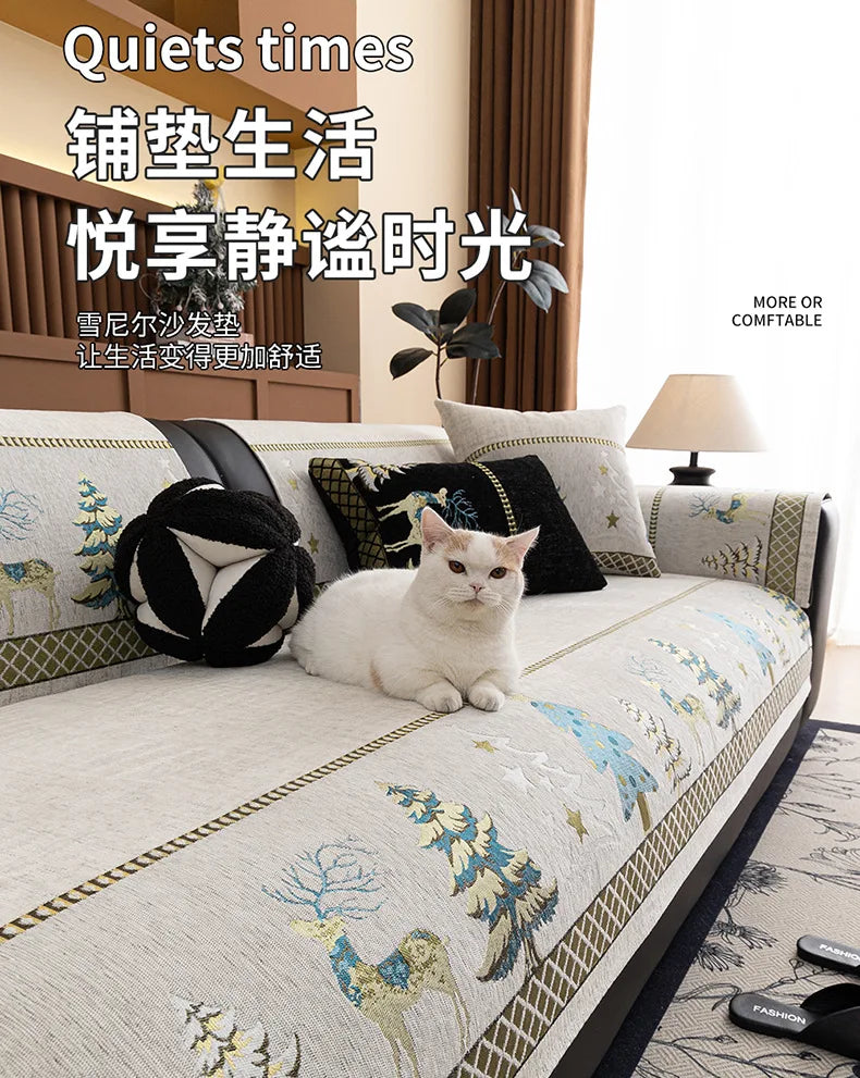 Capa para sofá natalino estilo chinês, com bordado geométrico