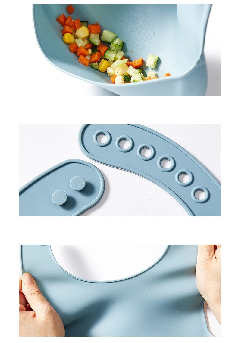 Babador ajustável e impermeável para bebês, feito de silicone macio e comestível para recém-nascidos.