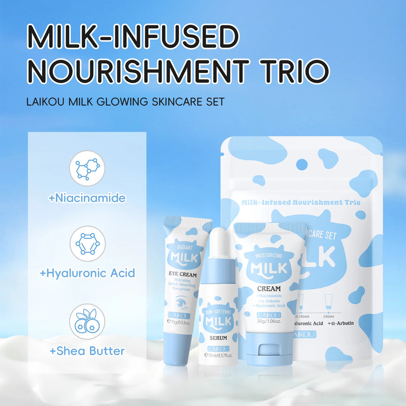 Kit Trio LAIKOU Milk: Nutrição Profunda, Sérum Hidratante, Clareador de manchas