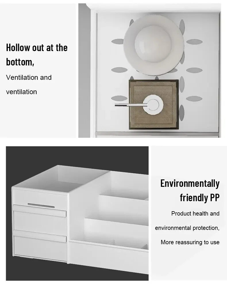 Caixa organizadora de maquiagem branca com gaveta.