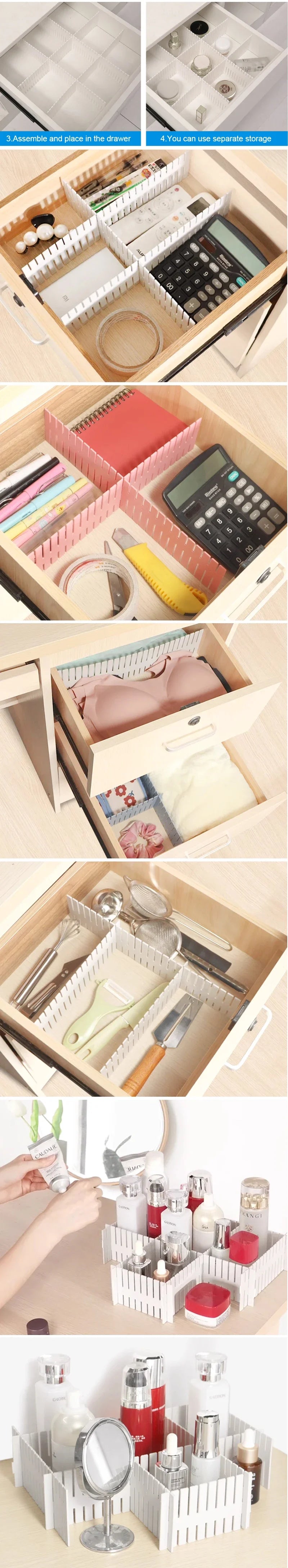 Divisórias de gaveta ajustáveis (4/8/12 peças) para armazenamento.