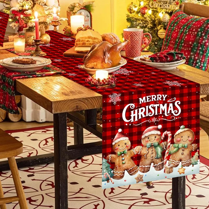 Caminho de mesa natalino, decoração de Natal, Papai Noel de desenho animado fofo, boneco de gengibre, capa de mesa, acessórios de mesa de Natal.