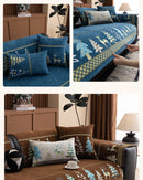 Capa para sofá natalino estilo chinês, com bordado geométrico