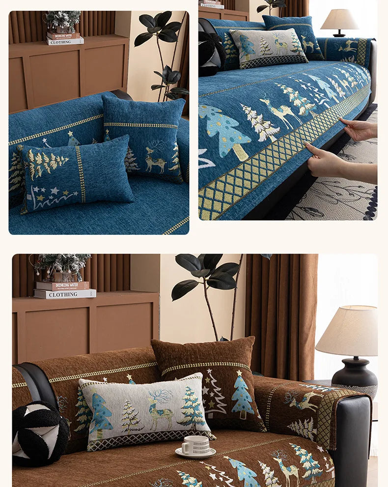 Capa para sofá natalino estilo chinês, com bordado geométrico