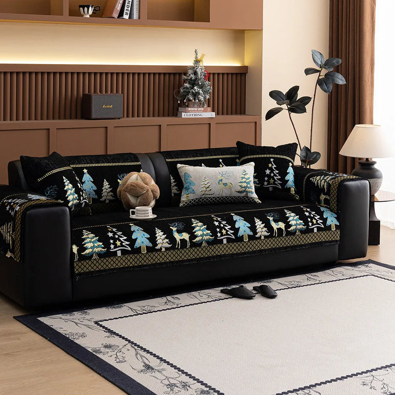 Capa para sofá natalino estilo chinês, com bordado geométrico