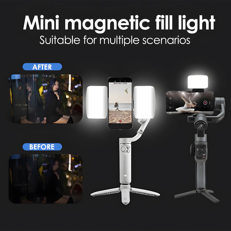 Mini luz de preenchimento magnética portátil para selfies, LED ajustável, para vídeos e transmissões ao vivo, ideal para iPad, celular e laptop.