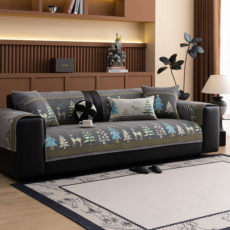 Capa para sofá natalino estilo chinês, com bordado geométrico