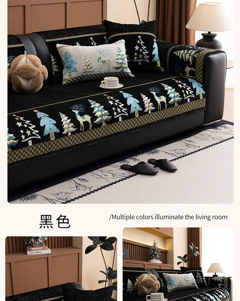 Capa para sofá natalino estilo chinês, com bordado geométrico