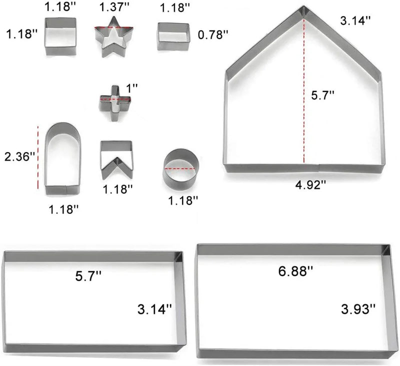 Conjunto de 10 Cortadores de Biscoito em Formato de Casa, em aço inoxidável