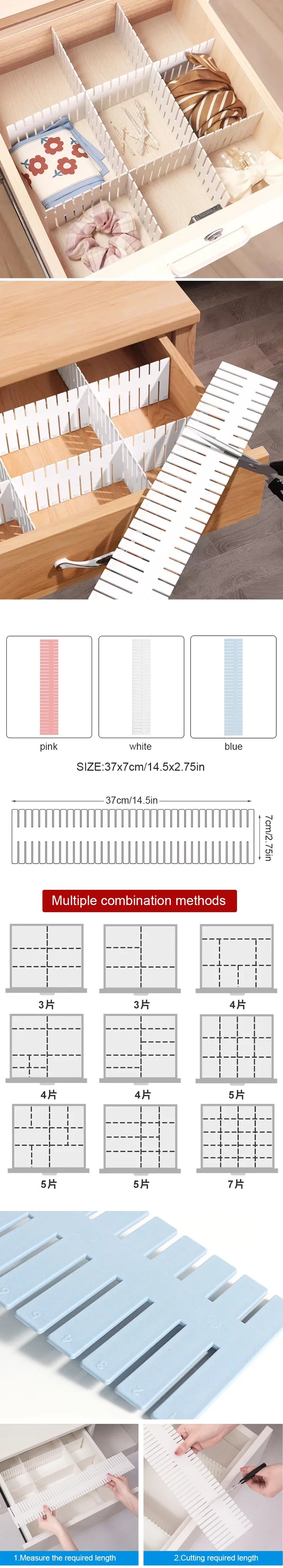 Divisórias de gaveta ajustáveis (4/8/12 peças) para armazenamento.
