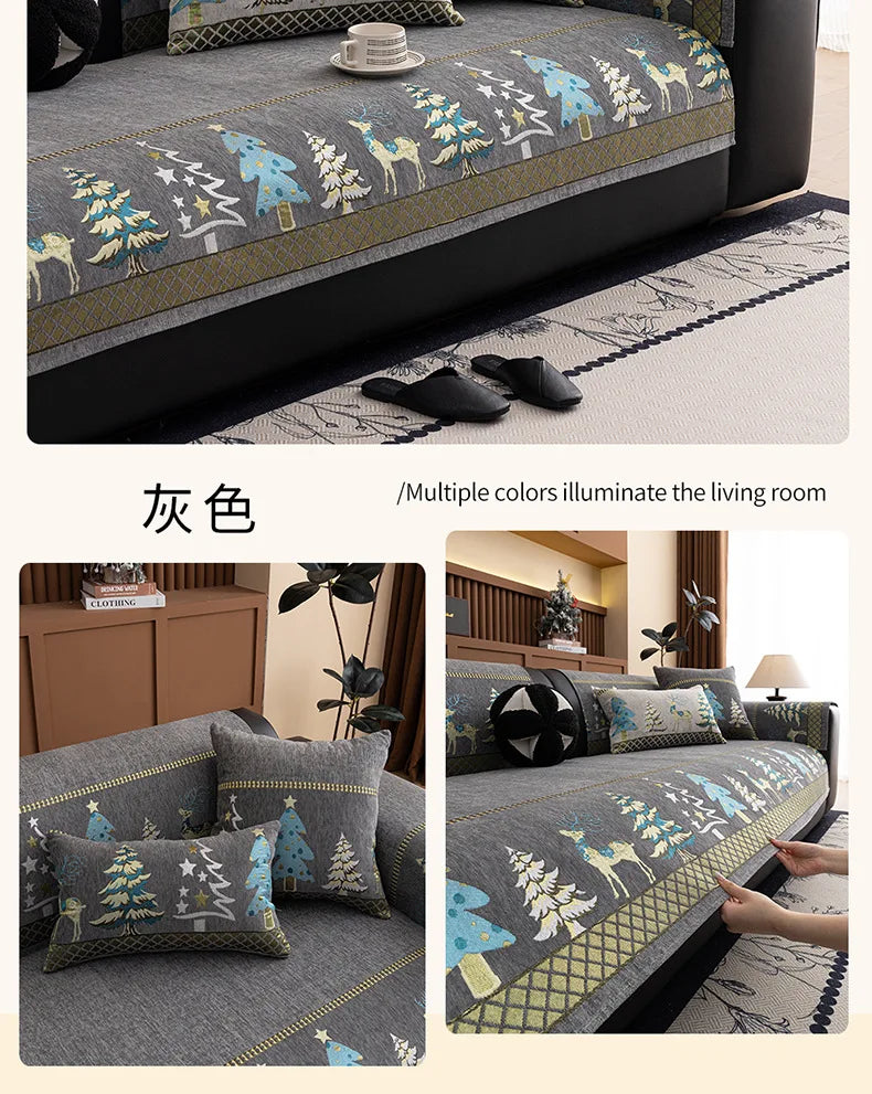 Capa para sofá natalino estilo chinês, com bordado geométrico