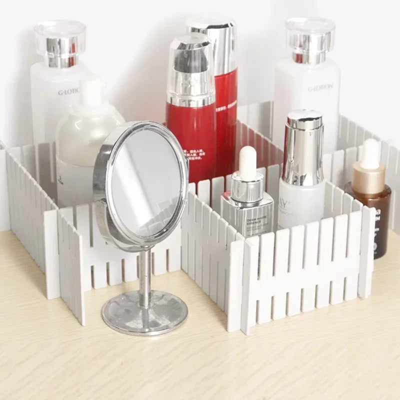 Divisórias de gaveta ajustáveis (4/8/12 peças) para armazenamento.