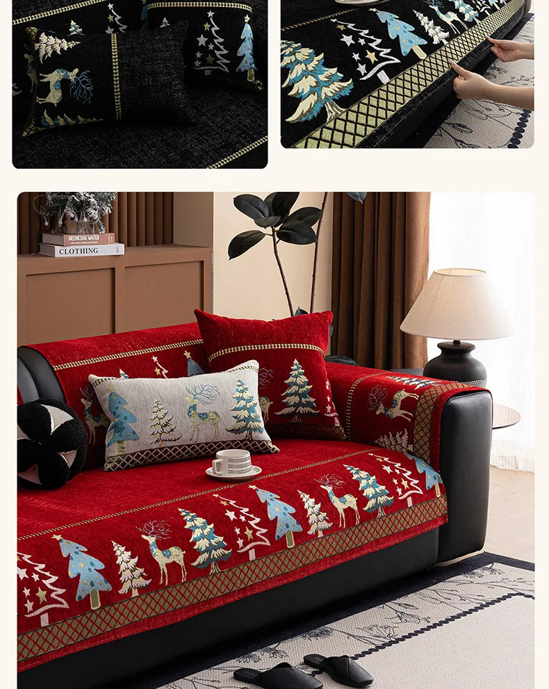 Capa para sofá natalino estilo chinês, com bordado geométrico