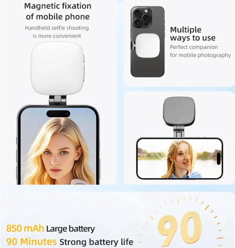 Mini Luz Magnética para Selfie - 3 Modos de Cor, Brilho Ajustável, para Celulares e Computadores