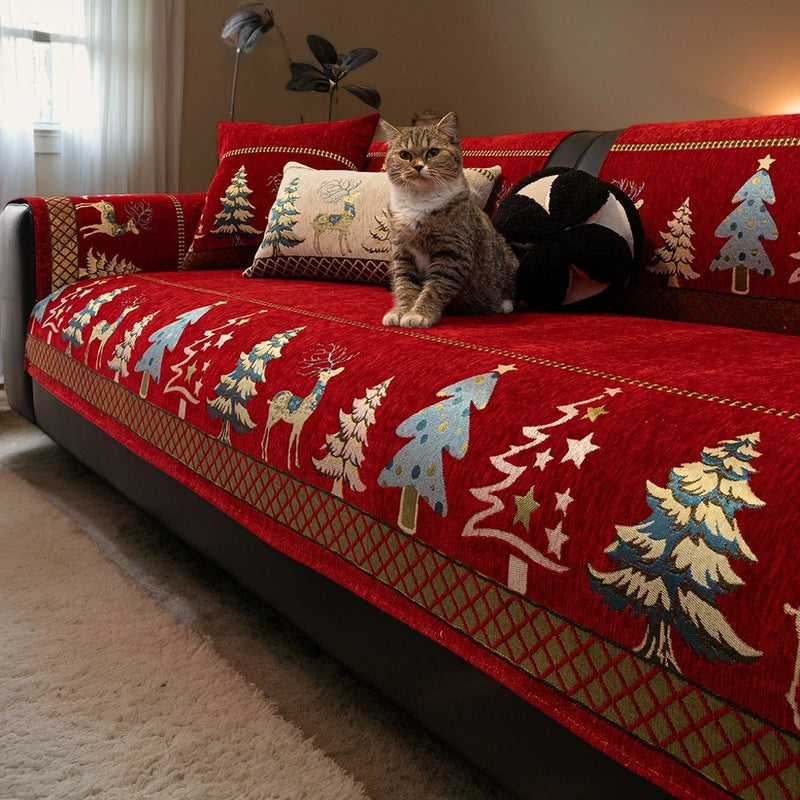 Capa para sofá natalino estilo chinês, com bordado geométrico