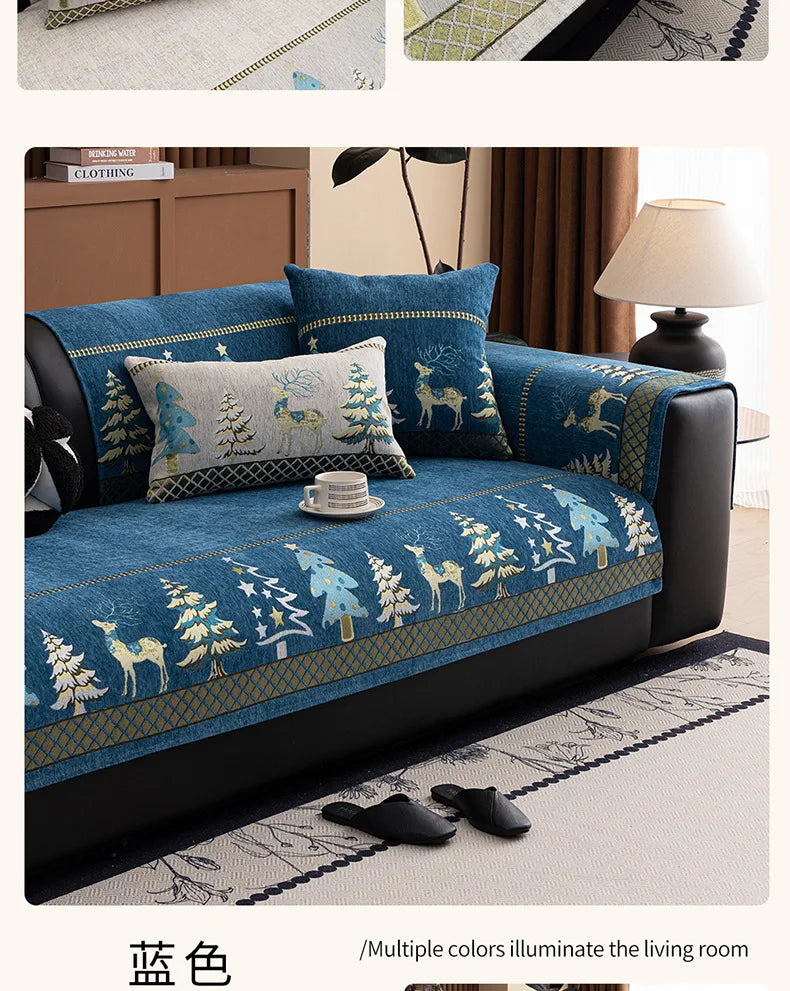 Capa para sofá natalino estilo chinês, com bordado geométrico