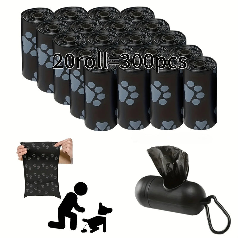 20 rolos de sacos para dejetos de animais de estimação, 300 unidades no total, feitos de polipropileno, polietileno e PVC duráveis, com dispensador portátil de sacos para fezes de cachorro incluso.
