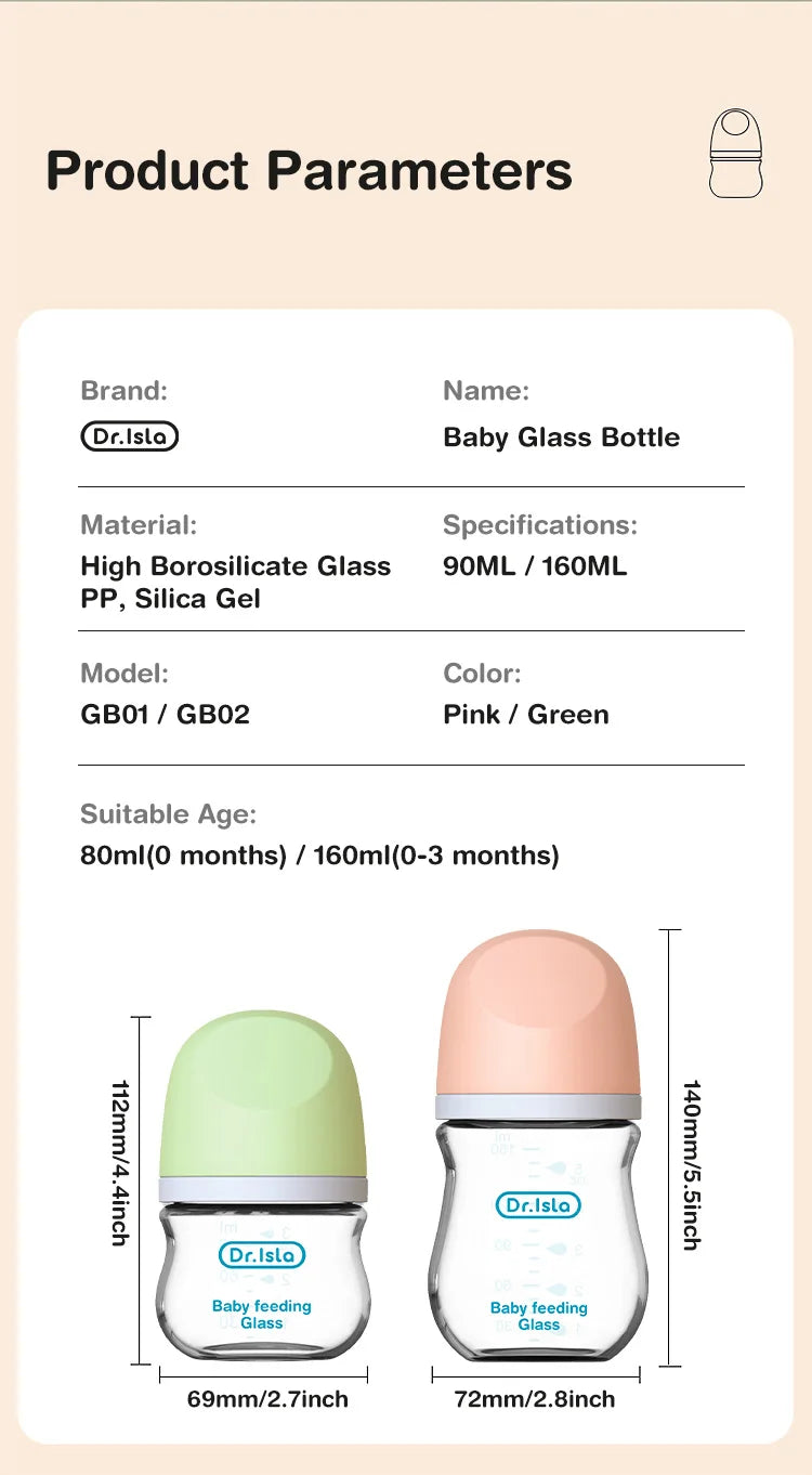 1 Mamadeira para Recém-Nascido 90ML/160ML, Mamadeira de Vidro Antiflatulência