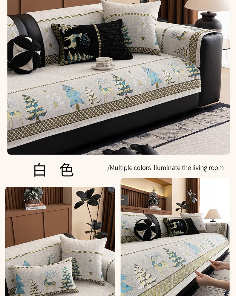 Capa para sofá natalino estilo chinês, com bordado geométrico