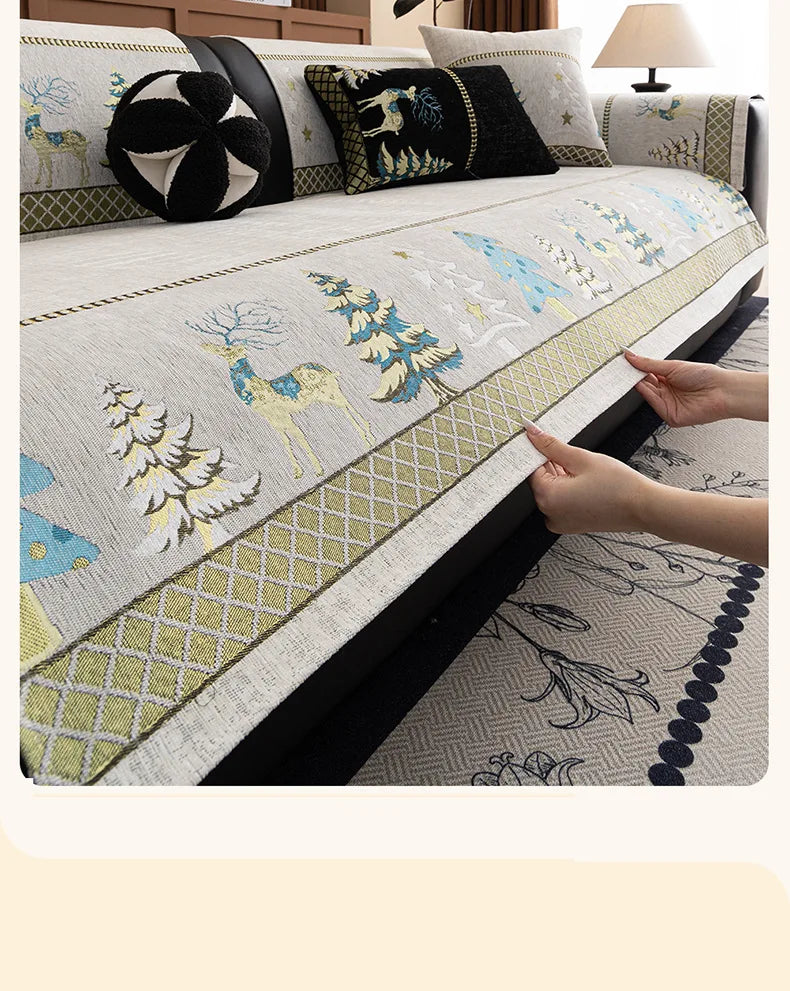 Capa para sofá natalino estilo chinês, com bordado geométrico