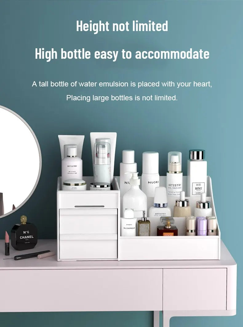 Caixa organizadora de maquiagem branca com gaveta.